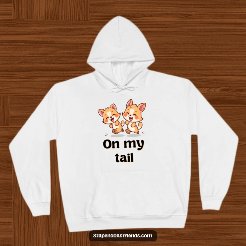 Funny hoodie with two playful animals engaged in a lively chase, conveying energy and fun for cozy wear.