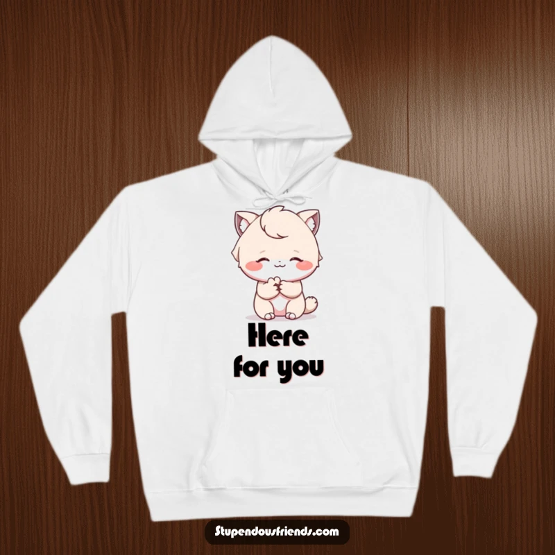 Funny hoodie designed with a character offering a comforting paw with a gentle smile, bringing warmth and humor.