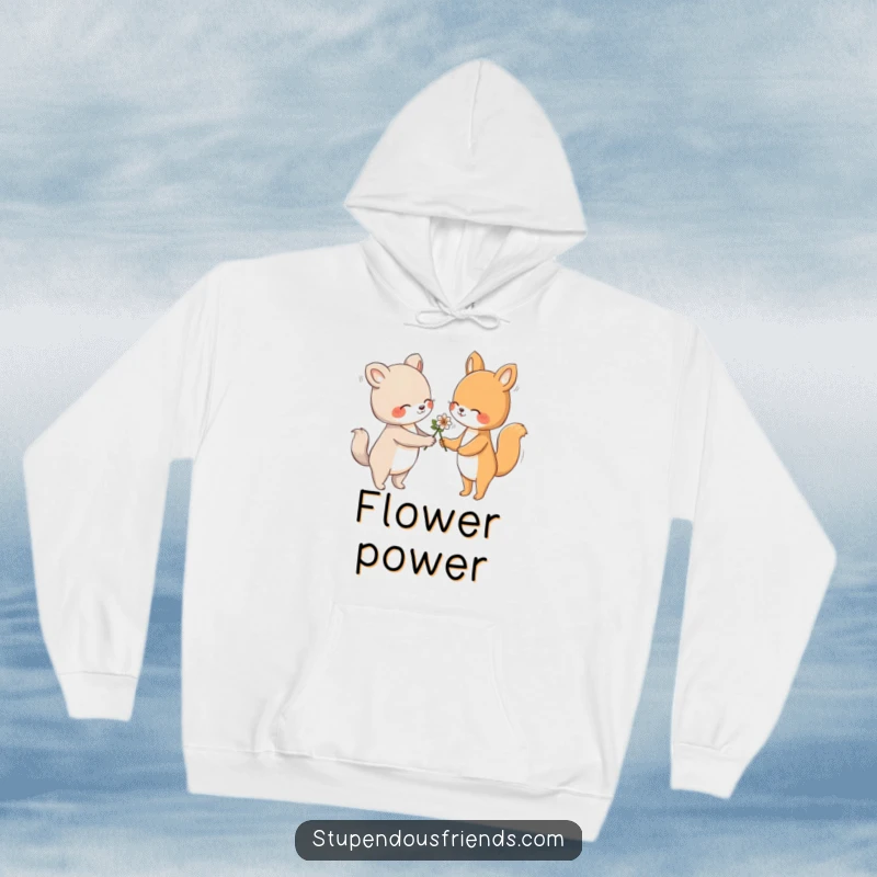 Funny hoodie showing an animal character gently handing a flower to another with a friendly gesture, perfect for cozy moments.