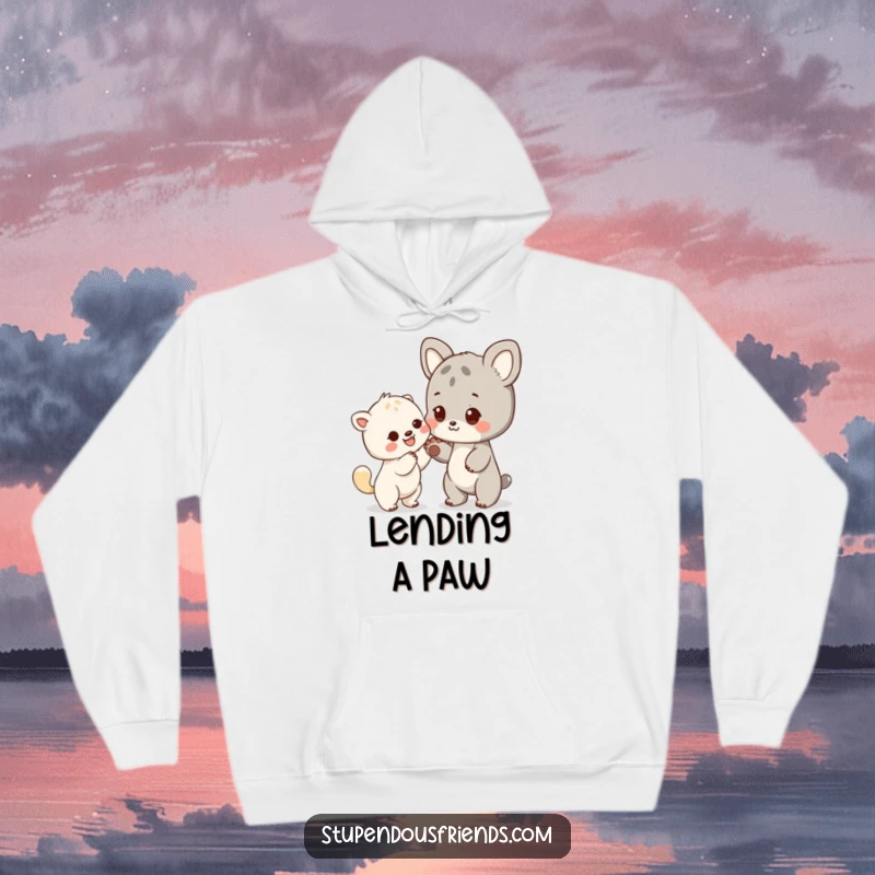 Funny hoodie with an animal character extending a paw in a gesture of kindness and friendship, cozy and warm.