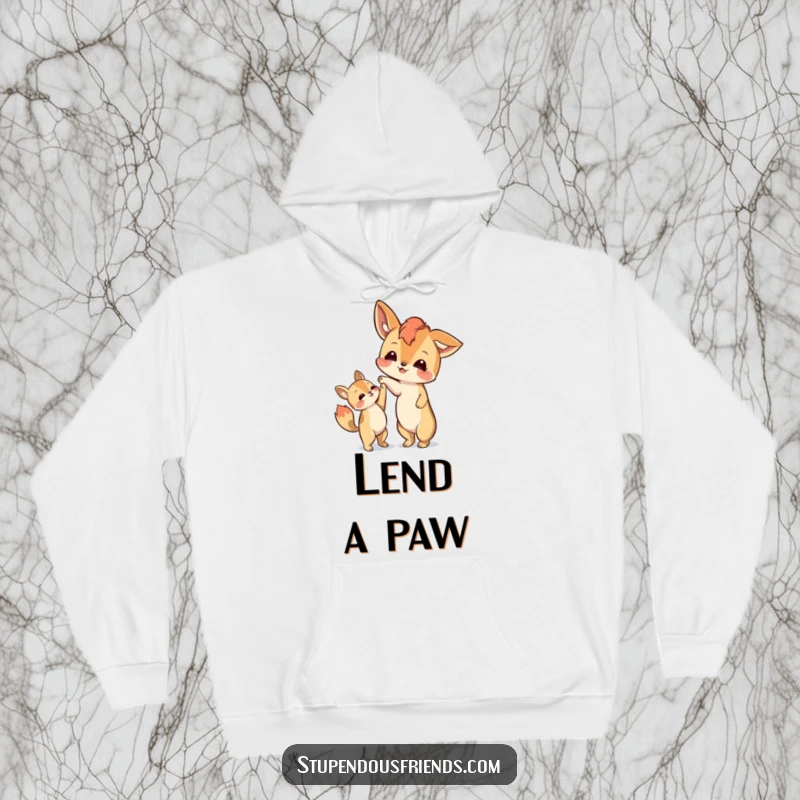 Funny hoodie featuring an animal character extending a paw to assist another character, symbolizing friendship and help.