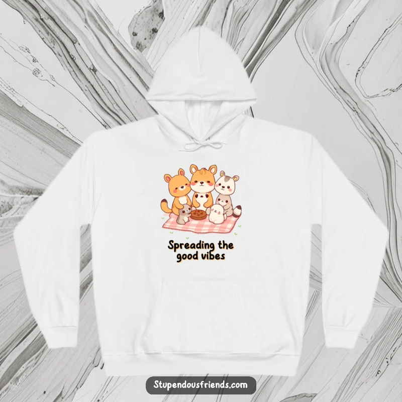 Funny hoodie showcasing animals contentedly sharing a picnic blanket, radiating warmth and friendship. A snuggly funny gift.