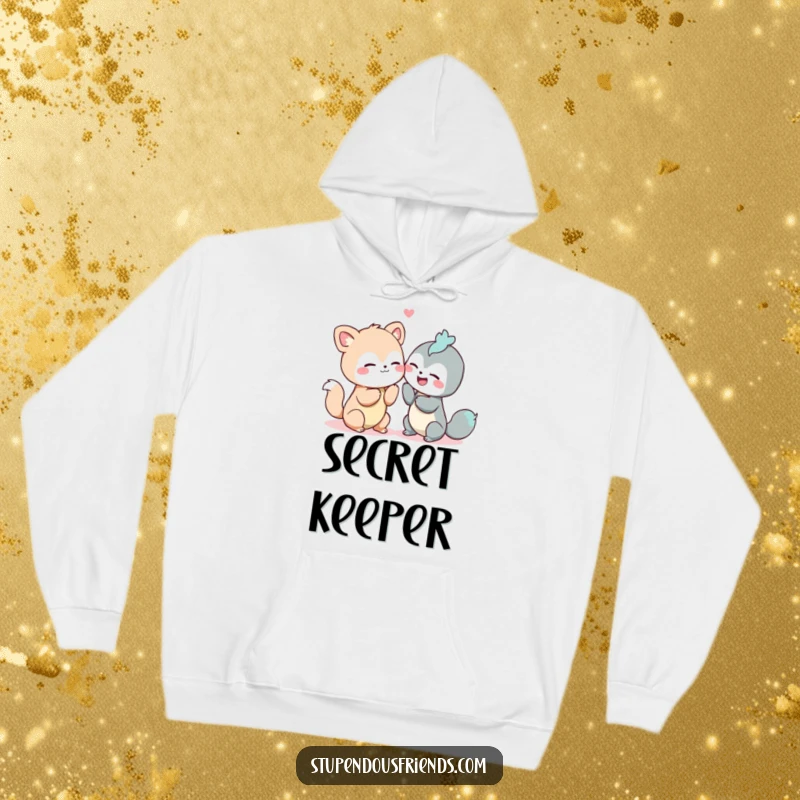 Funny hoodie designed with two animals leaning in, sharing a whispered secret and giggling conspiratorially.