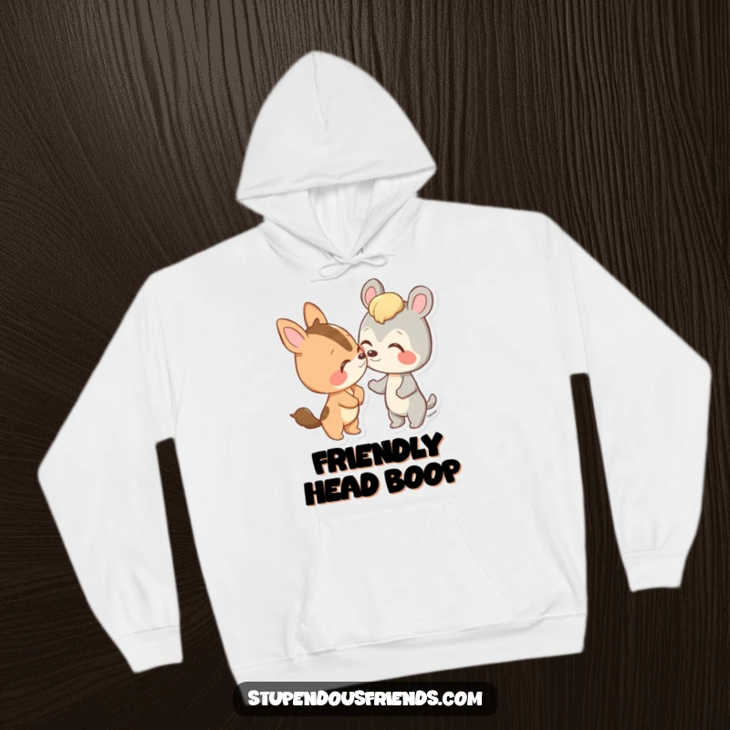 Funny hoodie depicting a sweet animal character playfully nudging a friend with its nose, symbolizing gentle affection.