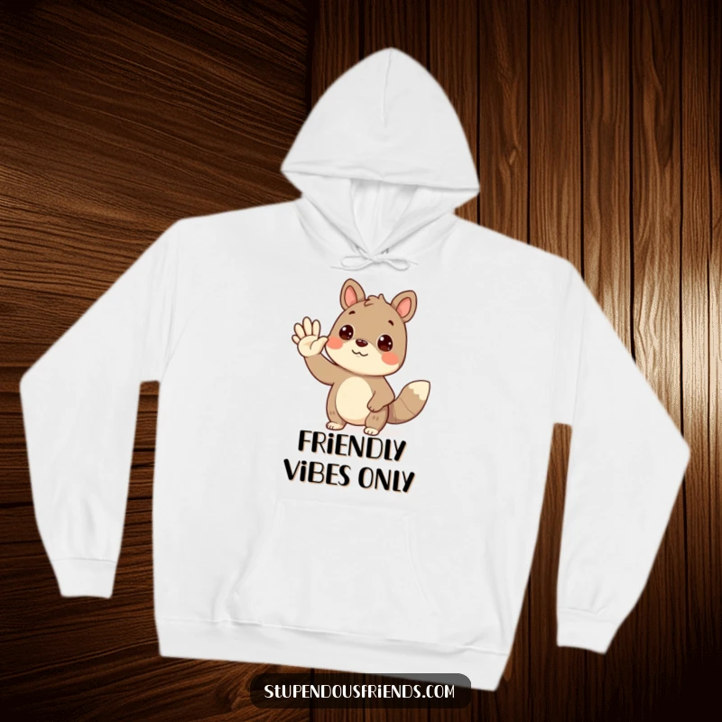 Funny waving animal hoodie featuring a smiling creature extending a friendly wave, perfect for cozy and cheerful wear.