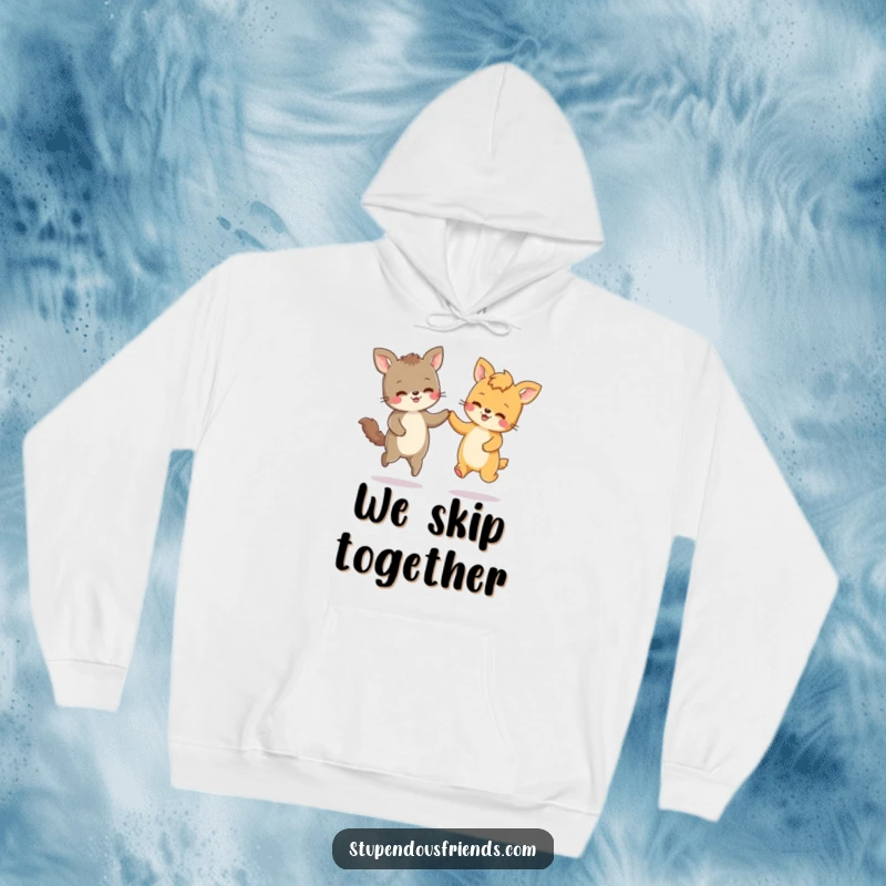Funny hoodie with two adorable animal characters holding paws and happily skipping together, radiating pure joy and camaraderie.