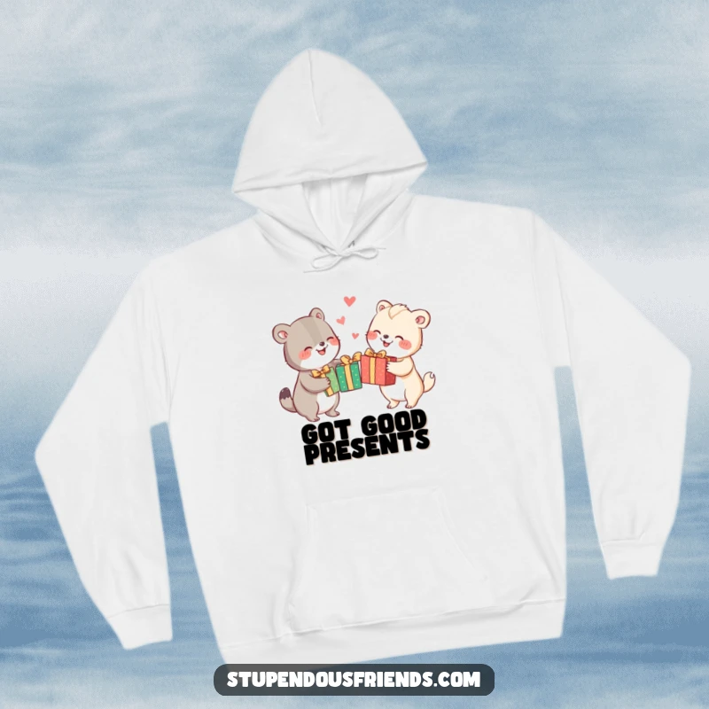 Funny animal characters joyfully exchanging brightly wrapped gifts, depicted on a cozy hoodie, perfect for holiday celebrations.