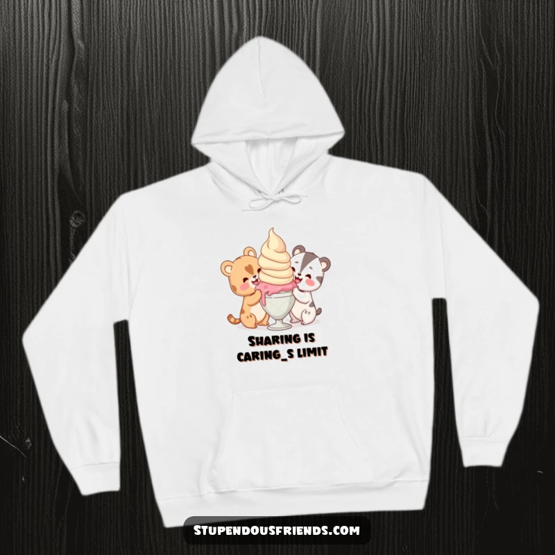 Funny animal characters sharing a massive scoop of ice cream with pure delight, depicted on a cozy hoodie for maximum comfort.