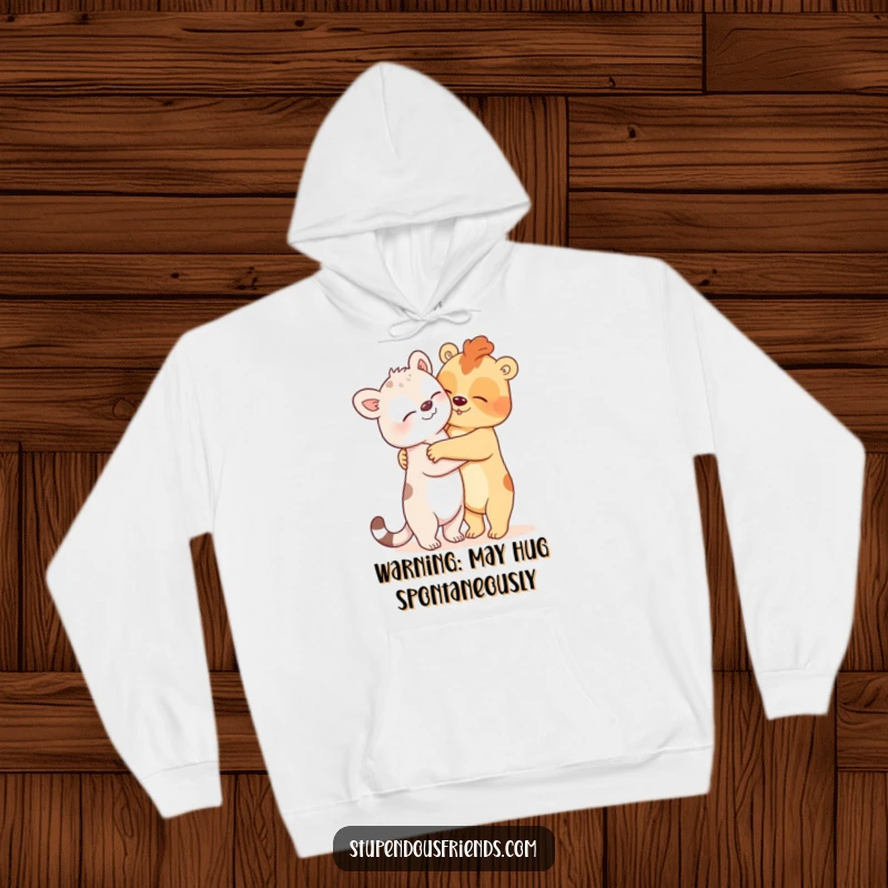 Funny Hoodie depicting two cute animals in an unbelievably large and comical hug, offering warmth and laughs with its humorous illustration.