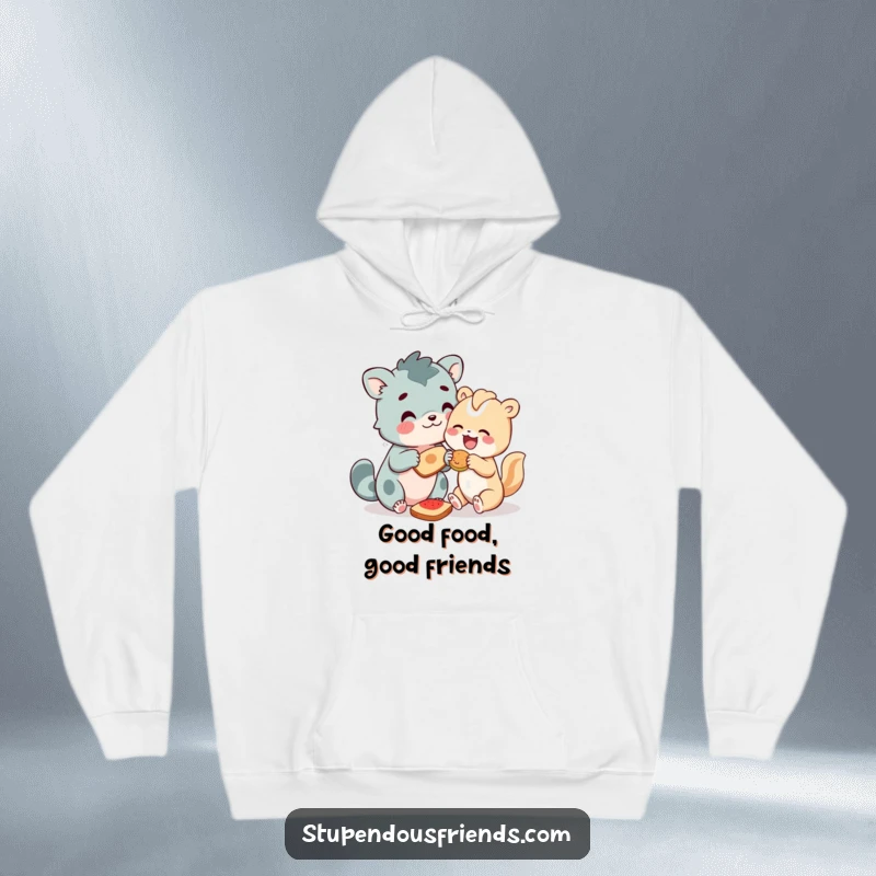 Funny Hoodie with animal characters joyfully sharing food, emphasizing friendship and generosity in a humorous and comforting design.