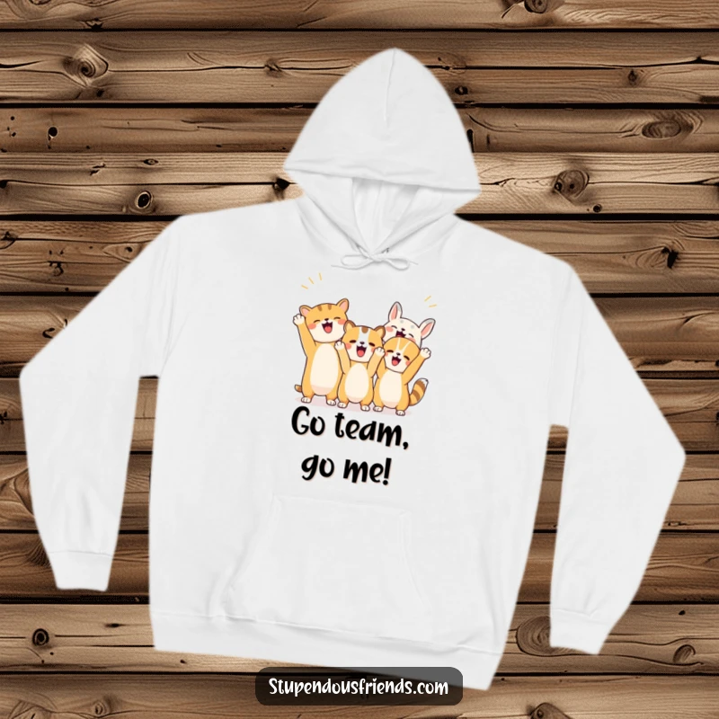Funny hoodie featuring a jubilant assembly of animals cheering loudly with raised paws and dynamic gestures.