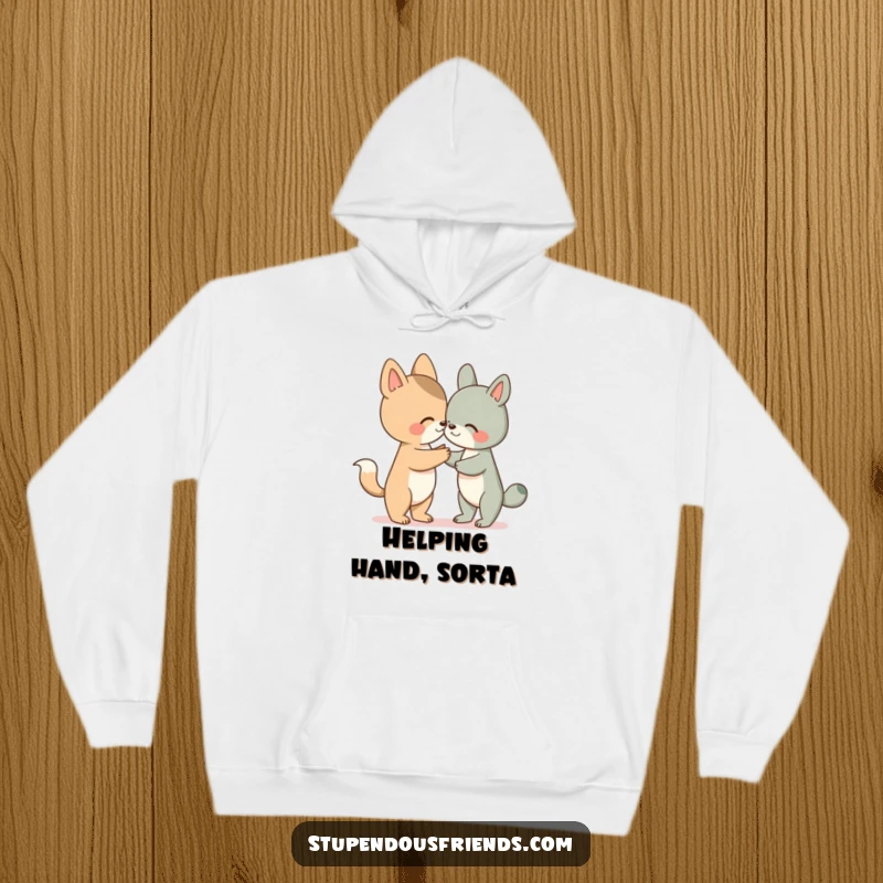 Funny hoodie with a cute animal character giving a helping paw to a friend, emphasizing kindness and warmth humorously.