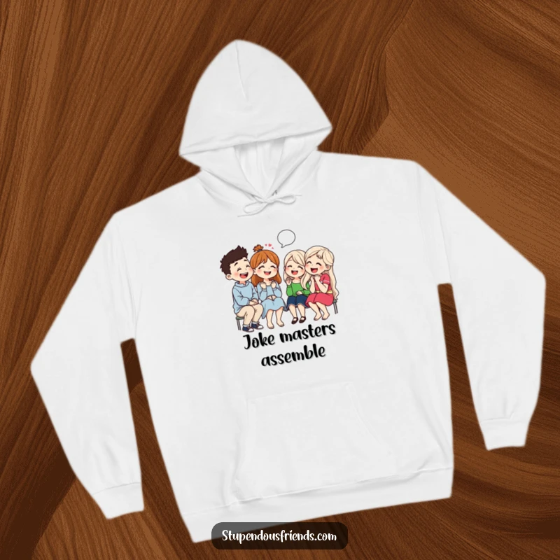 Funny hoodie depicting friends sharing jokes and laughing heartily, offering a cozy and humorous representation of close bonds.