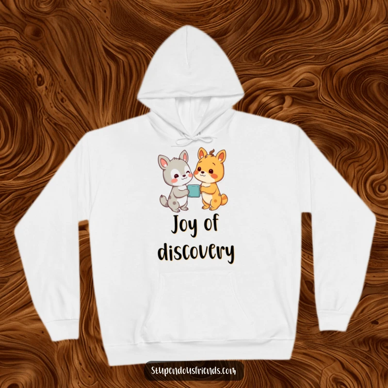 Funny hoodie showing two happy animal characters looking with delight at a shared, wondrous discovery, symbolizing curiosity.