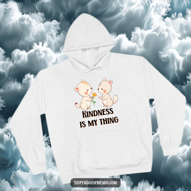 Funny hoodie with an animal offering a flower to another with a gentle nod, symbolizing kindness and warmheartedness.