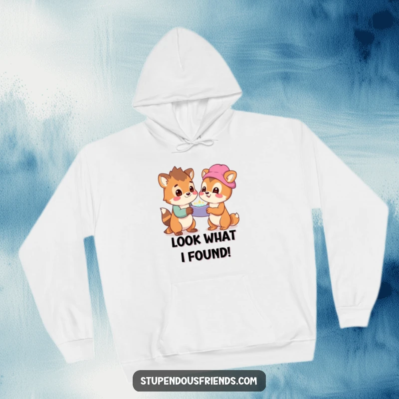 Funny Hoodie illustrating two adorable animals sharing a moment of awe-struck discovery, radiating happiness and companionship.