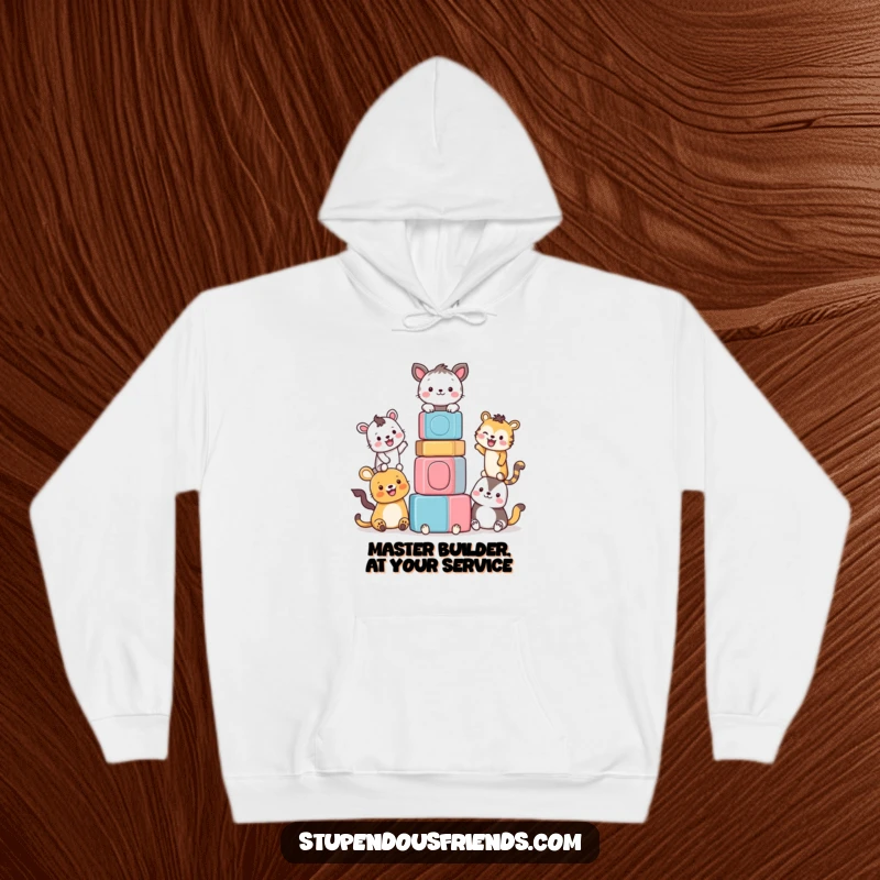 Funny hoodie displaying a heartwarming scene of smiling animals working together to construct a colorful block tower.