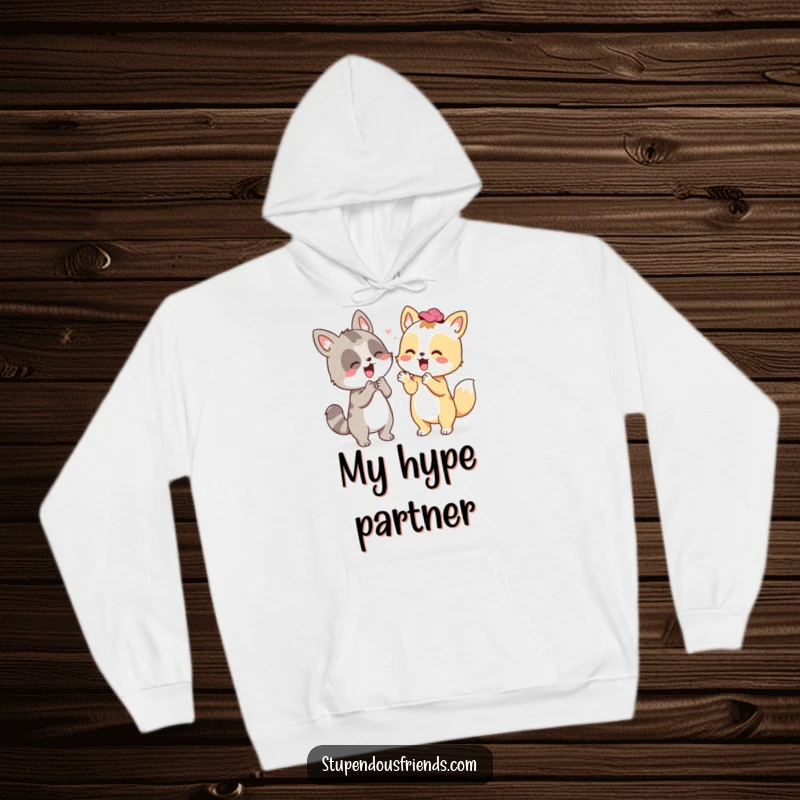 Funny hoodie with an animal character enthusiastically cheering, designed for supporters and friends who love positive vibes.