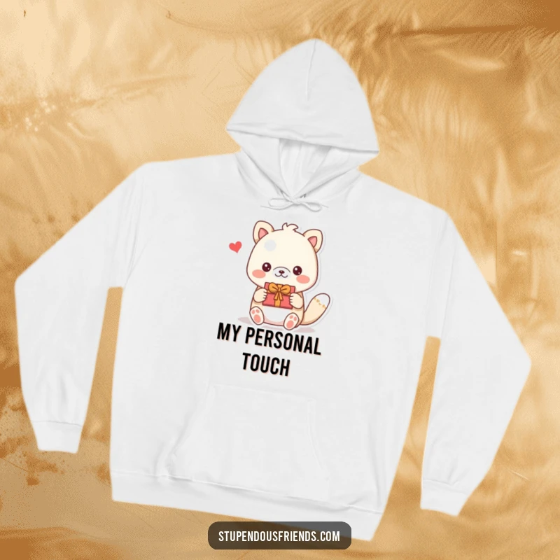 Funny hoodie showing an animal presenting a DIY gift, symbolizing thoughtfulness and affection. A warm funny gift.