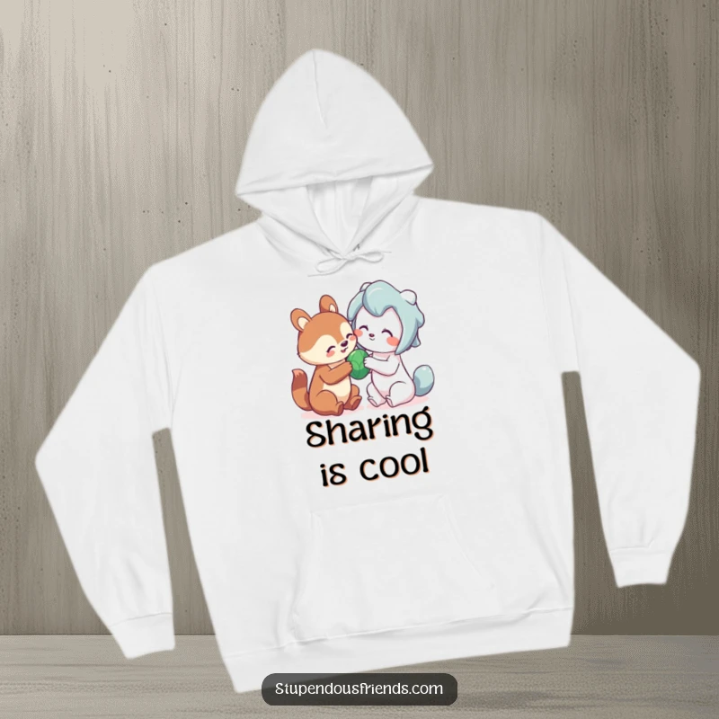 Funny sharing animal hoodie featuring a smiling creature playfully sharing a toy, perfect for cozy and generous wear.