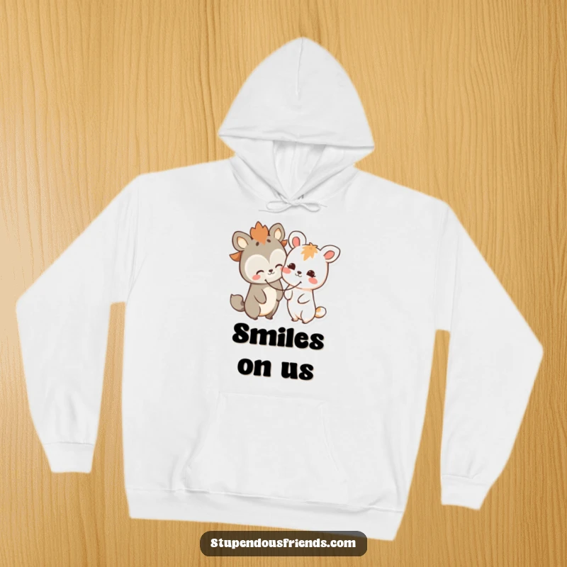 Funny happy animal friends hoodie, two characters sharing a giant smiley face, offering cozy comfort and cheerful vibes.
