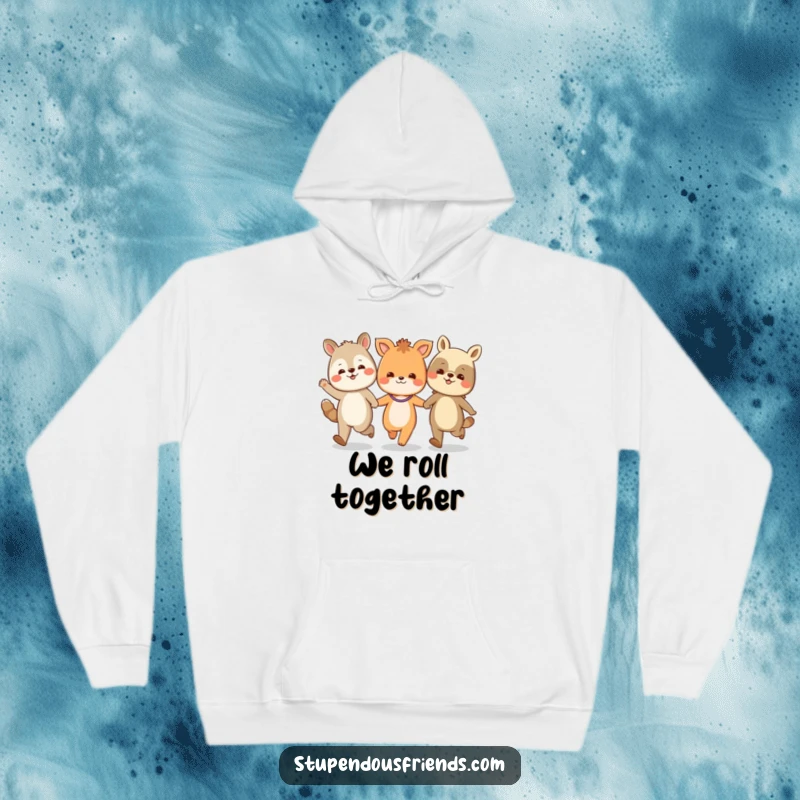 Funny hoodie design showcasing a pack of happy animal characters skipping arm-in-arm, radiating pure delight.