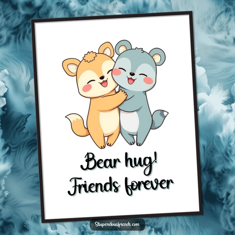 Cute Free Printable Wall Art: Two adoring animal characters in a cheerful hug, bringing warmth and smiles to any room, downloadable.