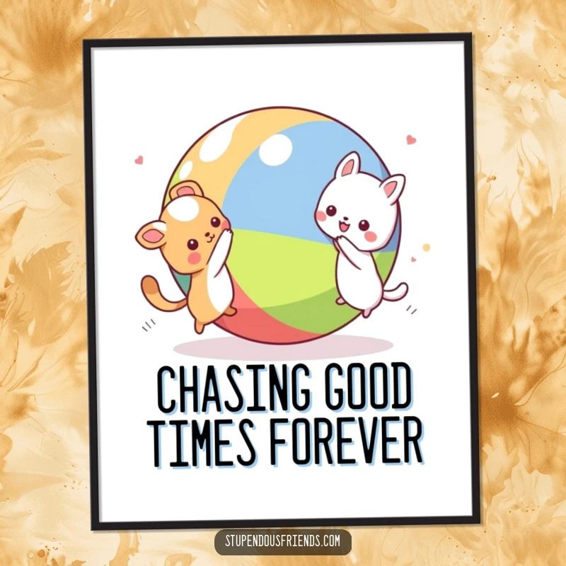 Funny Free Printable Wall Art: Two cute Kawaii animals joyfully chasing a giant, colorful ball, creating a scene of pure, playful motion.