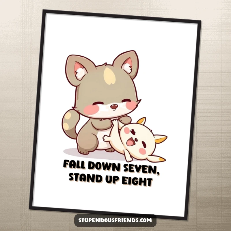 Funny Free Printable Wall Art of a whimsical animal character assisting another character after a playful tumble, emphasizing compassion and friendship.