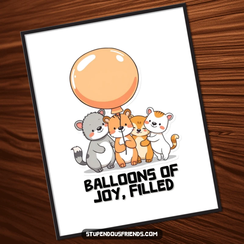Funny Free Printable Wall Art: Animal characters sharing a large, colorful balloon, their faces beaming with infectious joy.