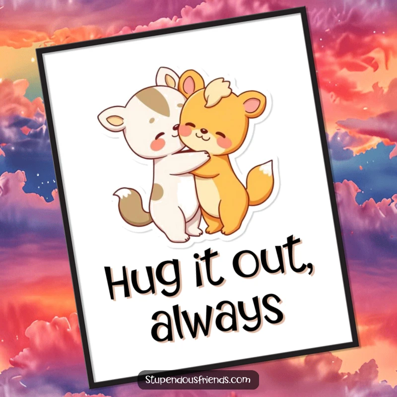 Free Printable Wall Art depicts two endearing animal characters tightly embracing in a warm, loving hug, radiating comfort.