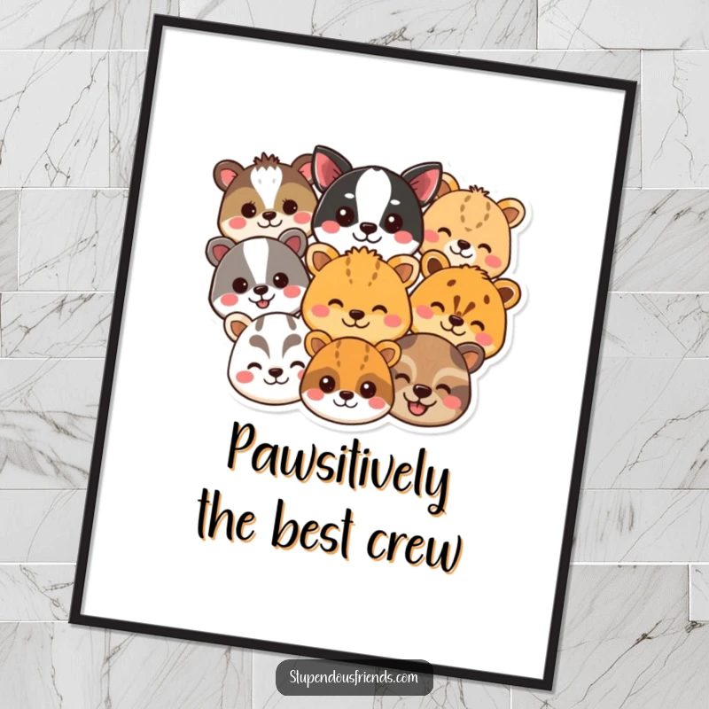 Funny Free Printable Wall Art featuring a joyful assembly of diverse animal heads with beaming smiles, adding a touch of whimsical charm. Downloadable.