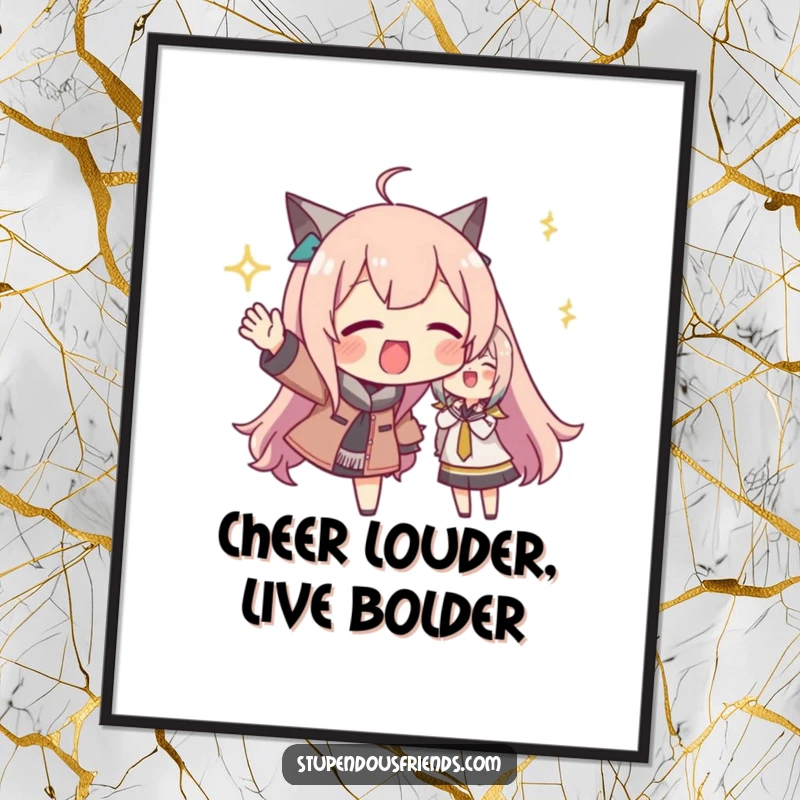 Funny Free Printable Wall Art: A character energetically cheering with big, happy gestures, radiating excitement and positive vibes.