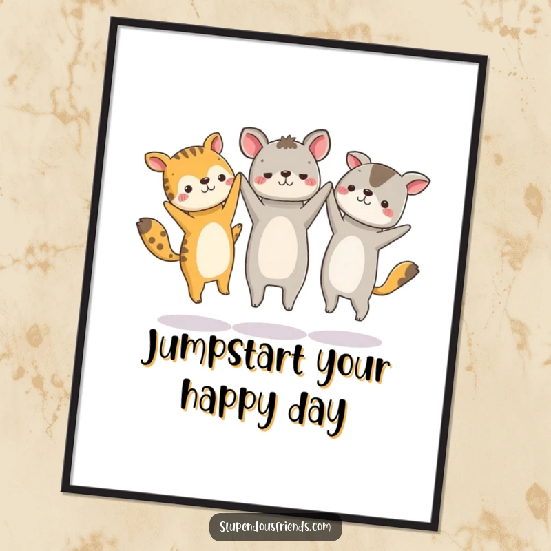 Funny Free Printable Wall Art: A circle of animals holding hands, jumping high with infectious energy.