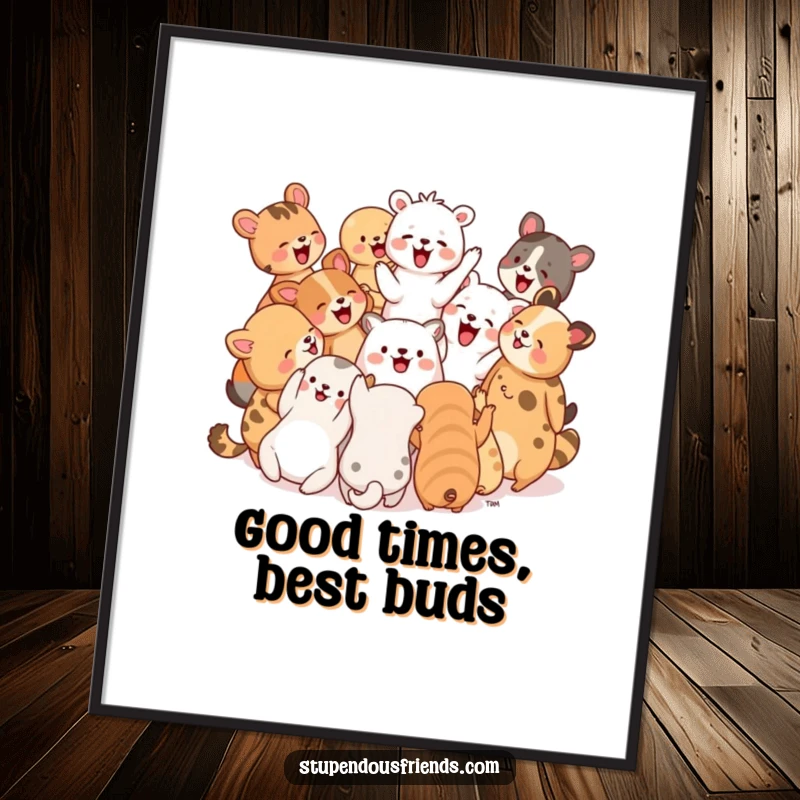 Funny Free Printable Wall Art: A diverse group of animals in a circle, cheering and laughing together joyfully.