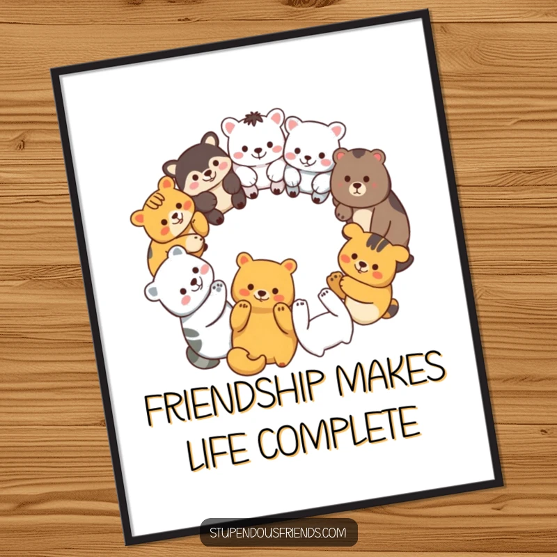 Funny Free Printable Wall Art depicting a diverse group of animal characters in a circle.