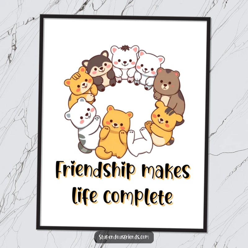 Funny Free Printable Wall Art depicting a diverse group of animal characters in a circle.