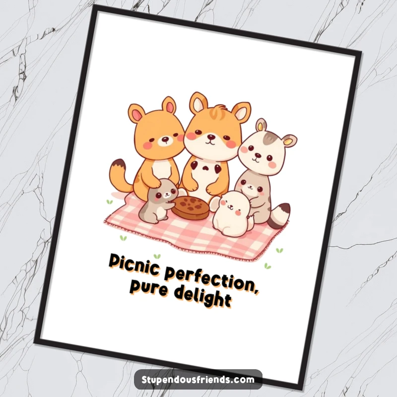 Funny Free Printable Wall Art, a delightful illustration of various animals sharing a picnic blanket outdoors, full of cheer.