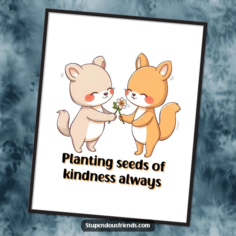 Funny Free Printable Wall Art: An animal character making a gentle gesture of handing a flower to another, creating downloadable warmth.