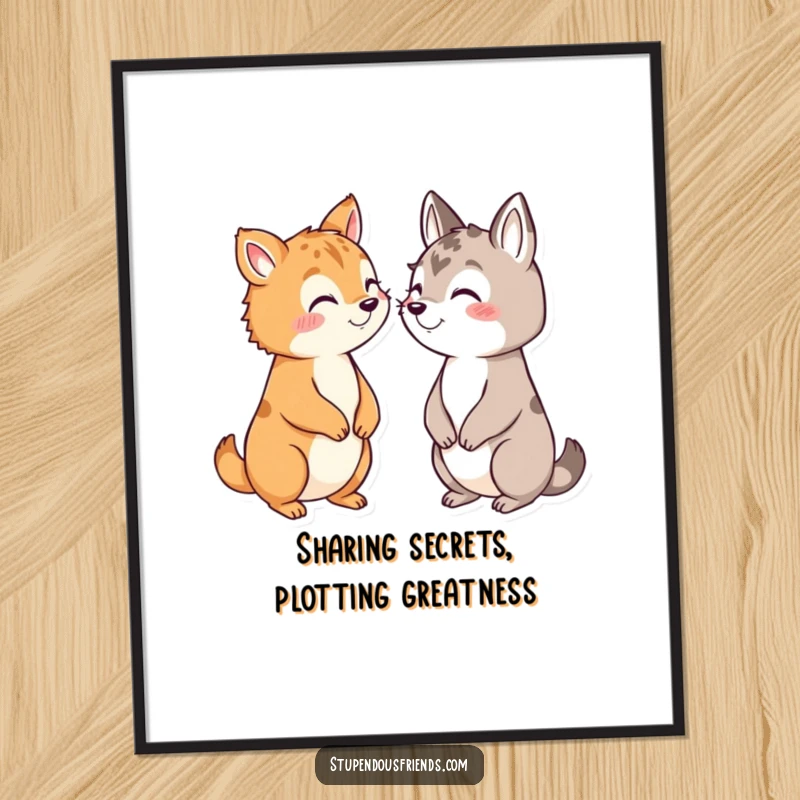 Funny Free Printable Wall Art depicting animals huddled together, sharing secrets with sly, conspiratorial grins.