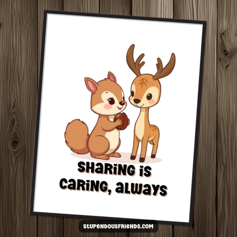 Funny Free Printable Wall Art: A friendly squirrel proudly offers a nut to a grateful deer in a forest setting.