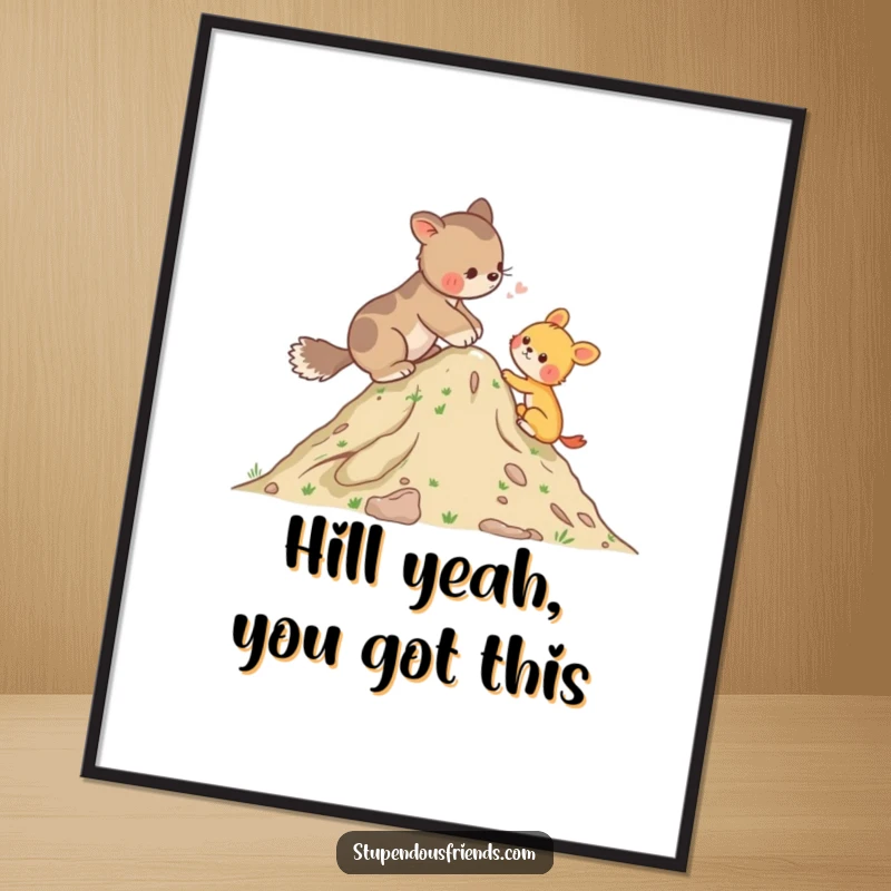 Funny Free Printable Wall Art: Charming animals working together to climb a small hill, symbolizing teamwork and support.