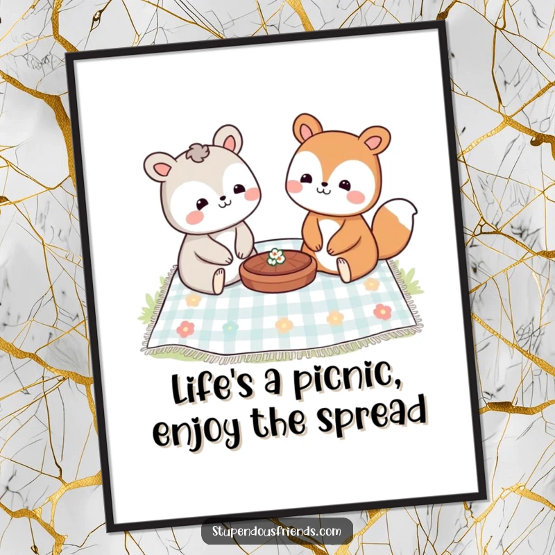 Funny Free Printable Wall Art: A delightful scene of two animal characters sharing a picnic blanket with joyful expressions.