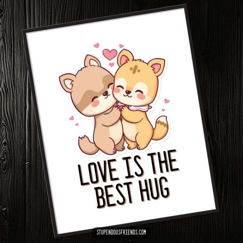 Funny Free Printable Wall Art featuring two adorable animal characters sharing a loving hug, hearts swirling around them.