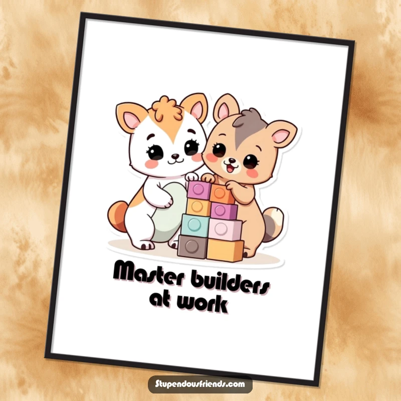 Funny Free Printable Wall Art: Two triumphant cartoon animals proudly present a meticulously built structure made of blocks.