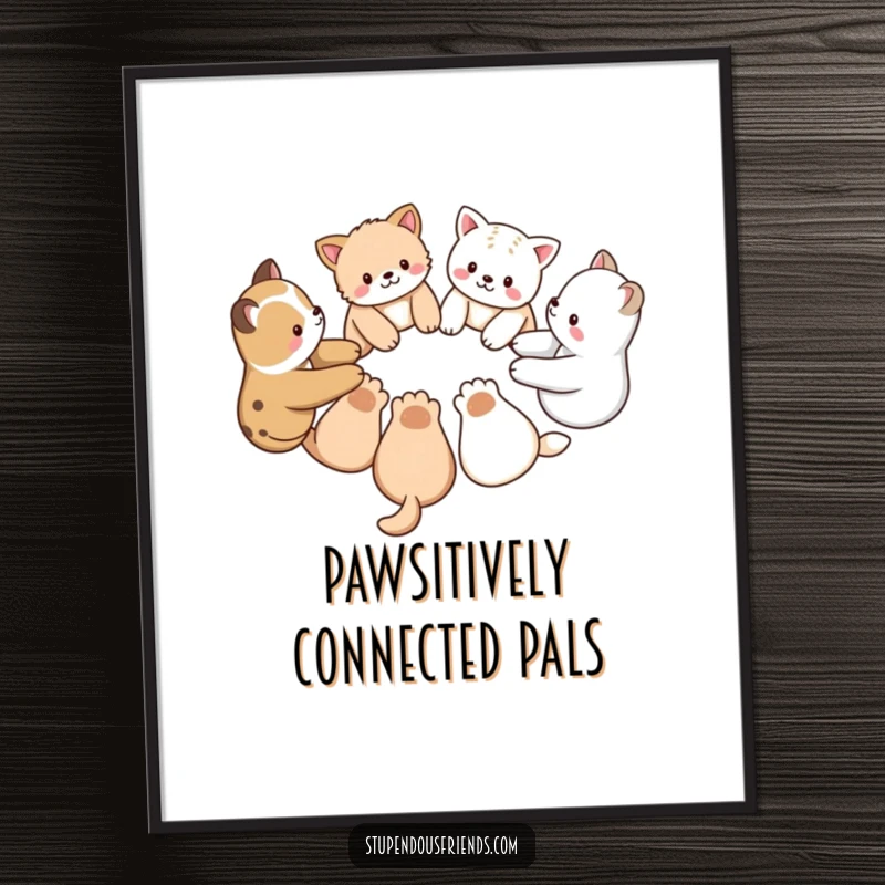 Free Printable Wall Art: A group of diverse animal friends holding paws in a circle, representing friendship and unity.