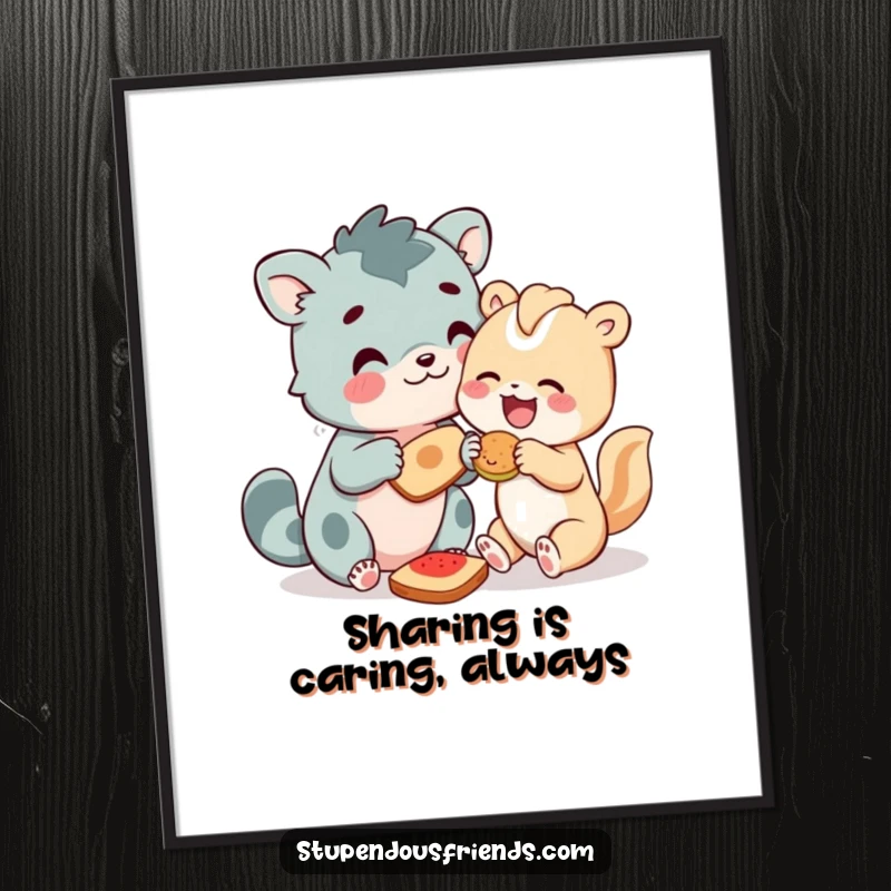Funny Free Printable Wall Art: Animal friends gleefully share food, creating a heartwarming and humorous scene.