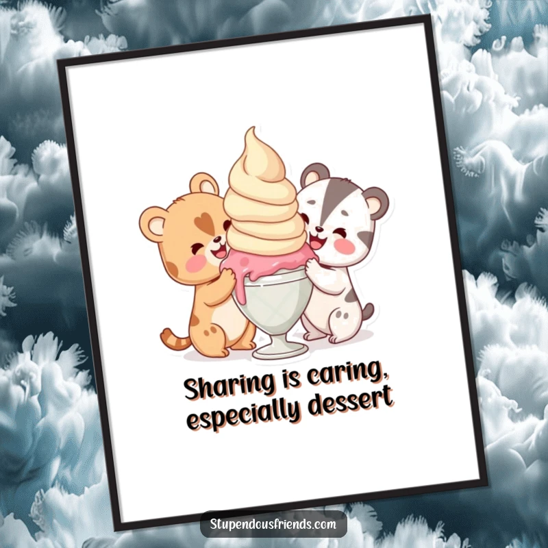 Funny Free Printable Wall Art: Charming illustration of various animals delightedly sharing one massive scoop of ice cream.
