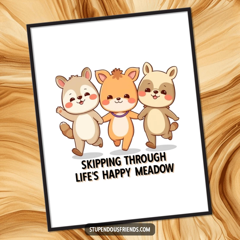 Funny Free Printable Wall Art: A vibrant depiction of animal characters holding hands and skipping with pure, unadulterated joy.