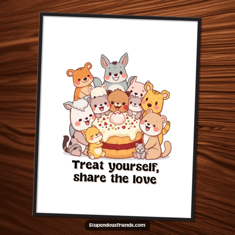 Funny Free Printable Wall Art showing a diverse group of animal characters joyfully sharing a giant, mouth-watering treat, embodying togetherness.